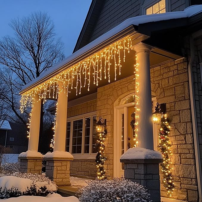 Dazzle Bright Christmas Icicle Lights, 88.5 FT 1080 LED 8 Modes Curtain Fairy Lights with 180 Drops, Xmas String Lights for Outdoor Holiday Wedding Party Decorations (Warm White)