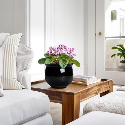 Ceramic African Violet Self Watering Pots, 6 Inch Self Watering Plant Pot with Absorbent Inner Pot, Flower Pots for Indoor Plants, Round Ceramic Planter, Home Decor, Plant Lover Gifts, Black