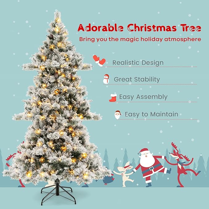 HAPPYGRILL 7 FT Pre-Lit Christmas Tree, Flocked Xmas Tree with Pine Needles, 1057 Branch Tips, 420 Warm White LED Lights & 62 Pine Cones, Hinged Xmas Tree with 2 Pairs of Gloves