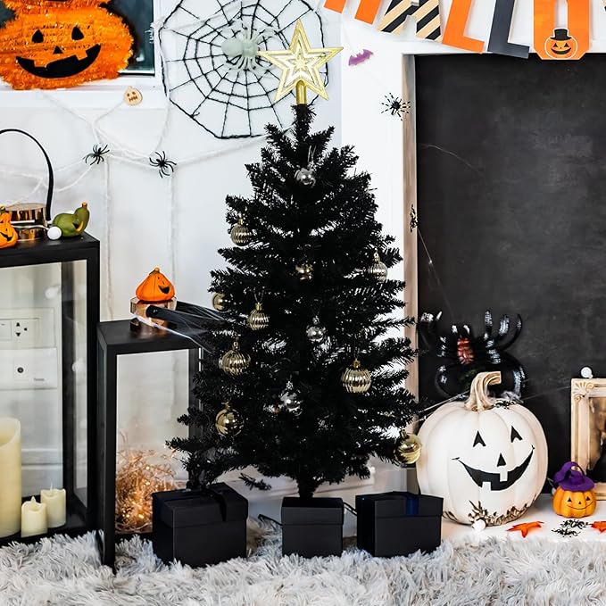Sunshine Black Christmas Tree with Light 3ft Artifical Full Christmas Tree with Ball & Star Ornaments 8 Lighting Modes for Holiday Decor