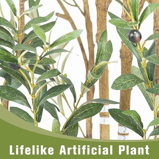 Artificial Fake Olive Tree 7FT Tall 1Pack with White Planter Faux Silk Olive Tree for Home Living Room Office Decor Faux Artificial Plants Indoor with Fruit & Free Moss