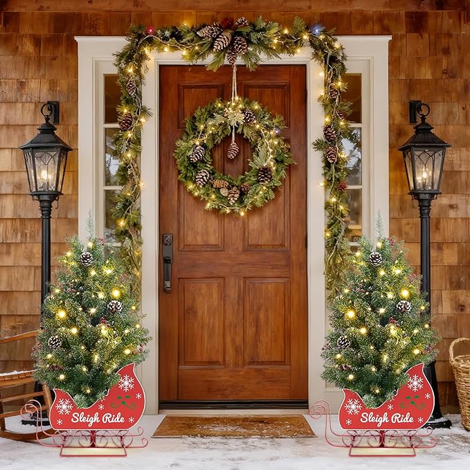 3FT Small Christmas Tree, Artificial Christmas Tree with 78 LED Lights & Bobsleigh Base, Prelit Mini Tree for Christmas Decor, Tabletop Christmas Tree, 8 Modes Remote Control, Timer Battery Operated