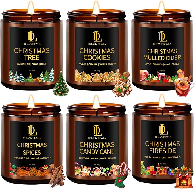 Christmas Candle Set, 6 Pack Holiday Scented Candle, Soy Candle for Home Scented, Christmas Holiday Candles Gift for Women Men, Scents of Christmas Tree/Cookies/Spices/Candy Cane/Mulled Cider/Fireside