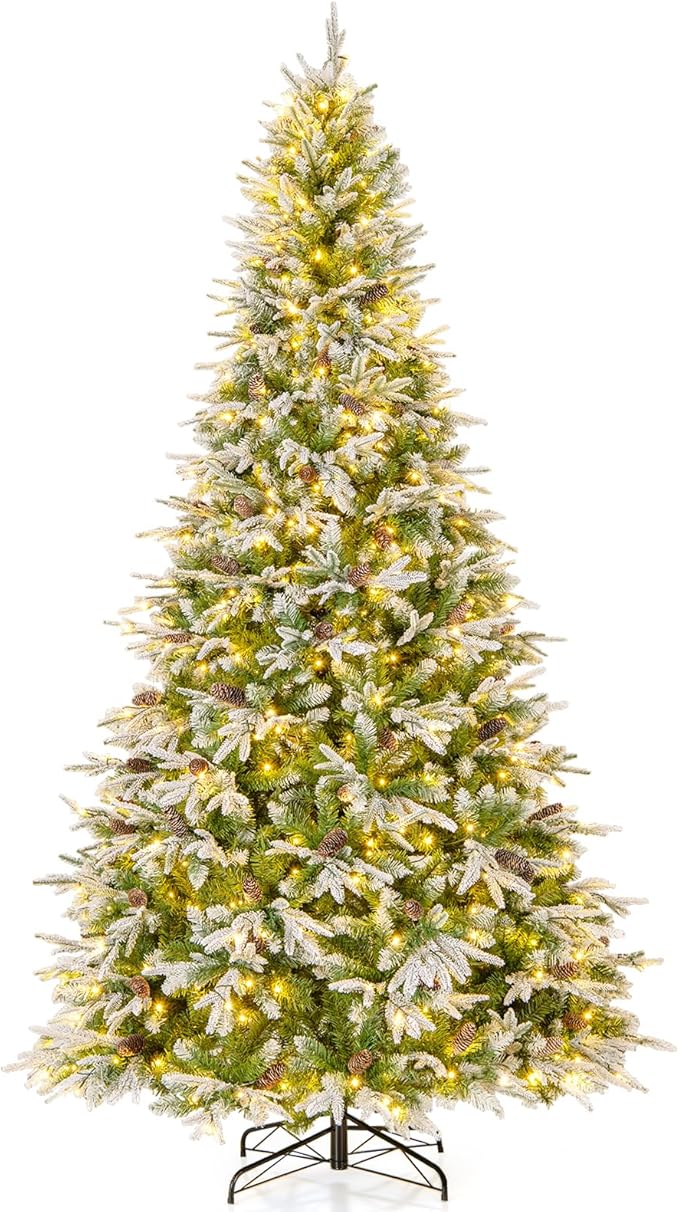 Goplus 9 FT Pre-Lit Artificial Christmas Tree, Snow Flocked Hinged Xmas Tree with 690 Warm-White LED Lights, 1871 Tips, 117 Pine Cones, Lighted Xmas Tree for Office Home Decoration