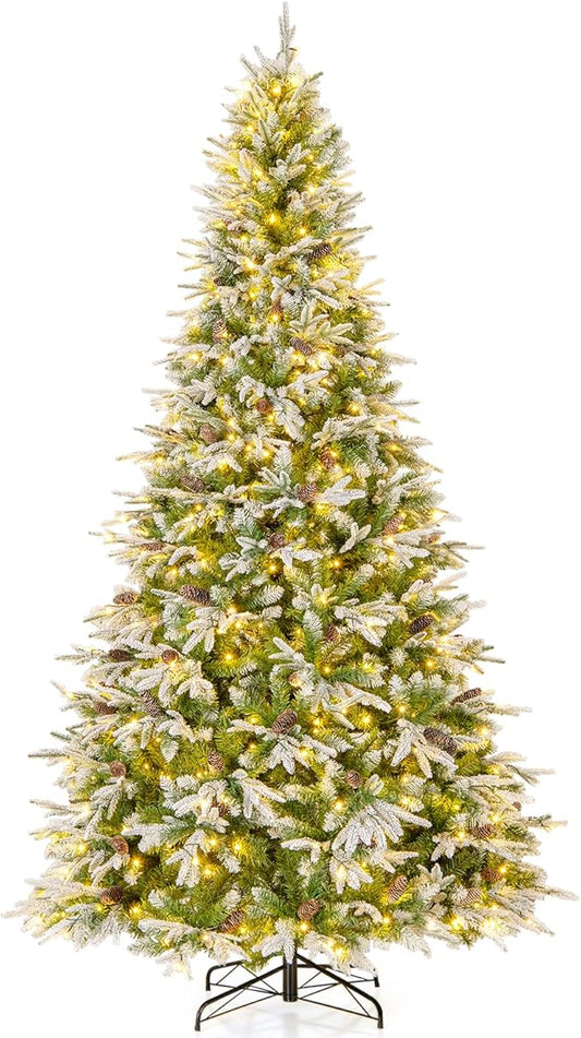 Goplus 9 FT Pre-Lit Artificial Christmas Tree, Snow Flocked Hinged Xmas Tree with 690 Warm-White LED Lights, 1871 Tips, 117 Pine Cones, Lighted Xmas Tree for Office Home Decoration