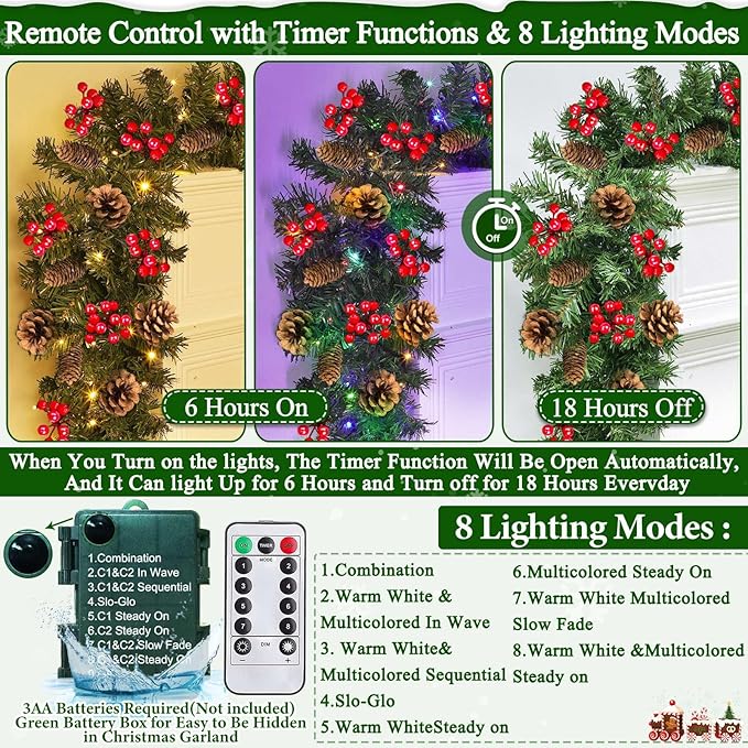 Remote Control 18 FT Extra Long Prelit Christmas Garland with 480Thick Branch Tips Pinecones & Red Berries, 100 Warm White & Multicolor LED Lights 8 Modes Timer for Stairs Mantel Doorway Decor