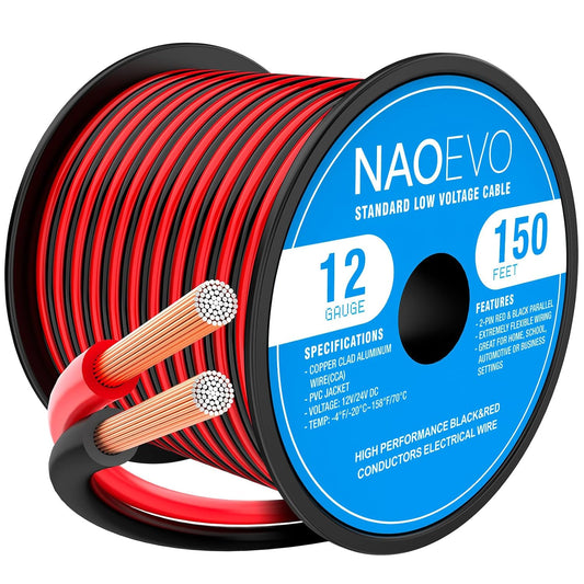 NAOEVO 12 Gauge Wire 150FT, 2 Conductors Electrical Wire Red Black Cable, Flexible/Low Voltage/PVC 12 AWG Copper Clad Aluminum Extension Cord for Speaker, LED Strips, Automotive 12V/24V DC