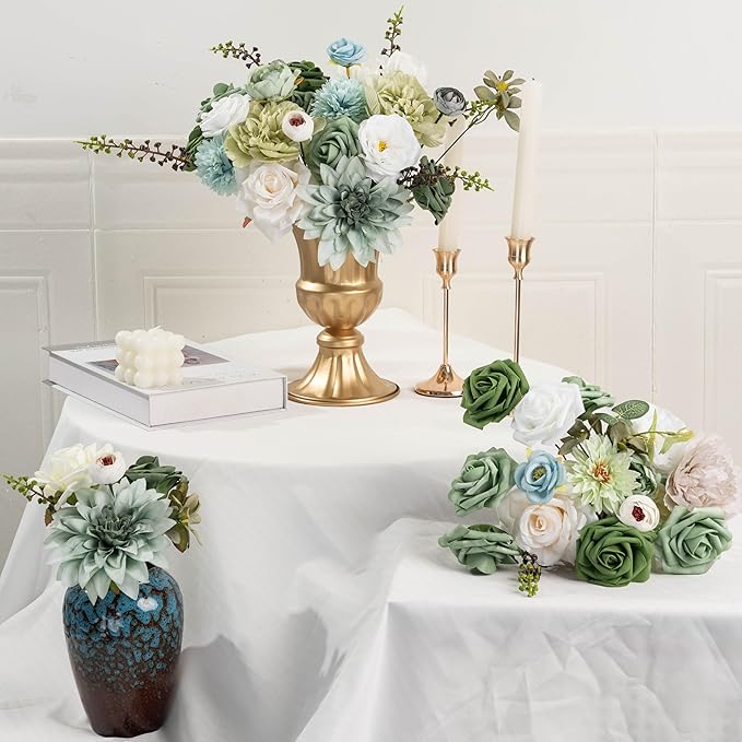 30 Pcs Artificial Flowers Combo Green Flowers Mix Silk Flowers Dahlia Roses with Stems for DIY Wedding Bridal Bouquets, Baby Shower, Floral Arrangement, Table Centerpieces, Home Decorations.