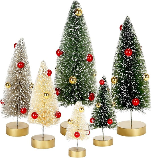 6 Pack Mini Christmas Trees, Small Miniature Frosted Bottle Brush Christmas Tree Decorations Tiny Tabletop Villiage Sisal Trees Decorated with Snow and Beads Winter Holiday Décor Assorted Sizes