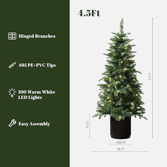 LuxenHome 4.5FT Small Christmas Tree, Prelit Slim Potted Christmas Trees with 100 Warm White LED Lights, Lighted Pine Tree with Fluted Black Pot, Small Faux Holiday Tree for Home Display
