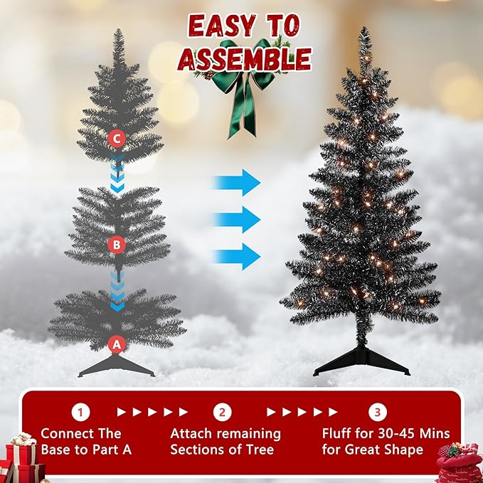 4ft Artificial Full Black Christmas Tree with Separate Lights, Not Pre-lit Mini Black Tinsel Pine Christmas Tree, 50 Lights, Small Xmas Tree for Home, Office, Party Decoration, Indoor