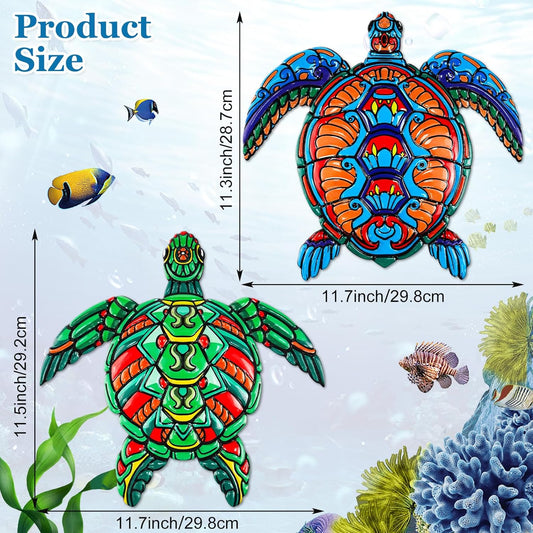ULENDIS 2 PCS Metal Sea Turtle Wall Art Decor, Ocean Theme Outdoor Wall Decor, Nautical Hanging Decorations for Garden Pool Fence Patio Bathroom Indoor