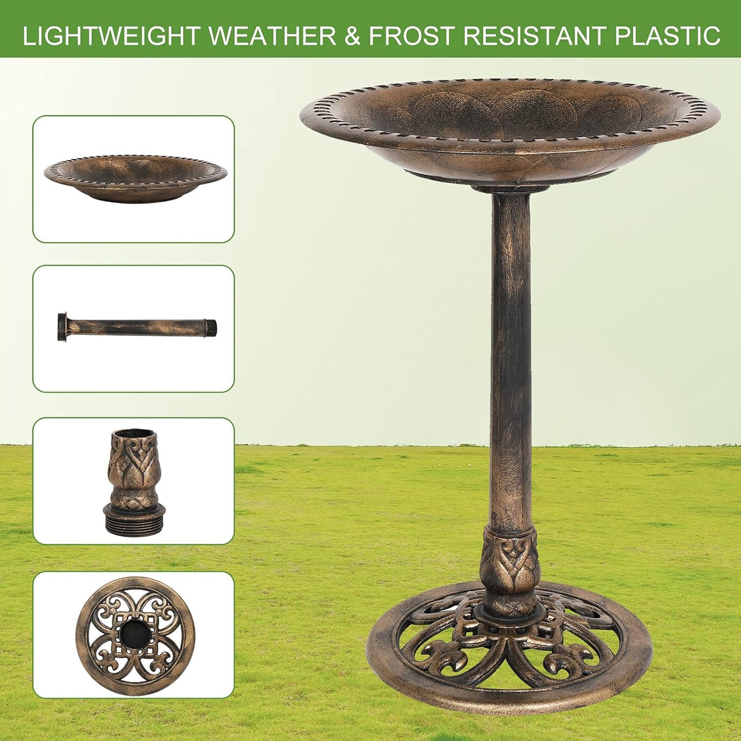 VINGLI Pedestal Bird Bath 28 Inch Antique Copper Resin Birdbaths Weather Resistant Floral Accents and Vintage Finish Garden Decor for Outdoor Lightweight Courtyard…