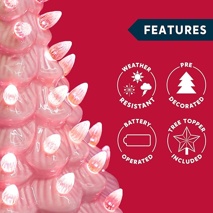 Joiedomi 12" Pink Ceramic Christmas Tree, Prelit Tabletop Christmas Tree Decoration with Extra Pink Top Star & Bulbs with LED Lights for Best Desk Decoration Xmas Tabletop Decor Indoor Home