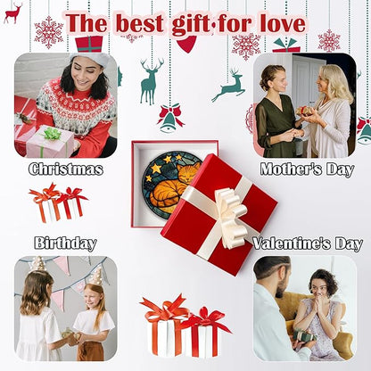 Stained Glass Window Hanging - Orange Cat Sun Catcher for Door Home Decor Stars and Moon Suncatcher Christmas Mother's Day Birthday Loss of a Pet Gifts for Women Men Mom Nana 6.3 in