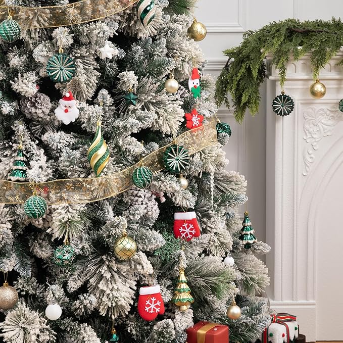 108 Pcs Christmas Ball Ornaments Set, Green and Gold Shatterproof Hand-Painted Hanging Bulbs Decoration for Xmas Tree, Wreath, Garland, Home Holiday Decor