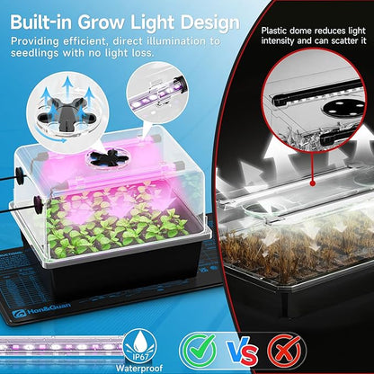 Hon&Guan 2 Pack Seed Starting Kit - 30 Cell Seed Starter Tray with Higher 5.3” Humidity Dome, LED Growing Lights and 10"x20.75" Seedling Heat Mat, Adjustable Vents - Germination & Plant Propagation