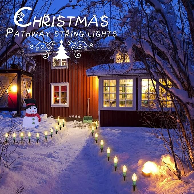 Brightown C9 Christmas Lights Outdoor, 4 Packs Total 103 Ft Christmas Pathway Lights with 80 LED Bulbs and Stakes, Connectable Outdoor Christmas Decorations Yard Walkway Sidewalk Holiday, Warm White
