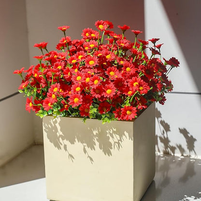 Burgundy Fake Flowers Outdoor 8 Bundles Red Artificial Daisy Plants Outside for Yard Front Porch Planter Decor (8 Bundles Red)