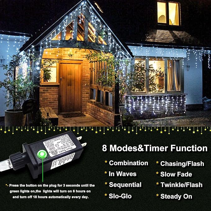 Icicle Christmas Lights Outdoor - 66ft 640 LED Icicle Lights for Outside 8 Modes with 120 Drops, Waterproof Plug in Fairy String Lights for Party Holiday Wedding Christmas Decoration, Cool White