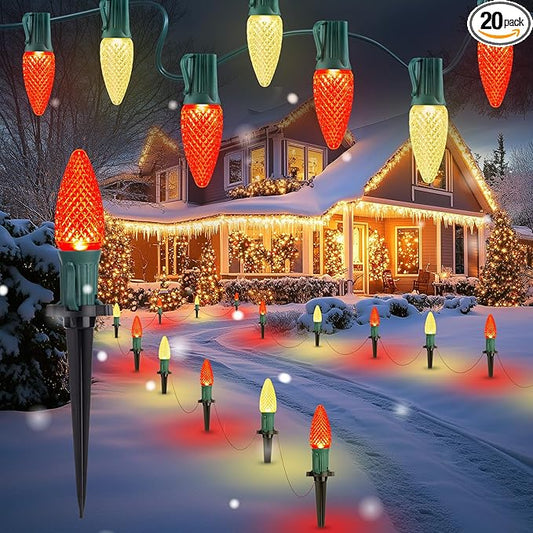 Brightown C9 Christmas Lights Outdoor, 25.7 Ft Strawberry C9 Christmas Pathway Lights with 20 LED Bulbs and Stakes, Christmas Decorations Outside Walkway Sidewalk Holiday, Red and Warm White