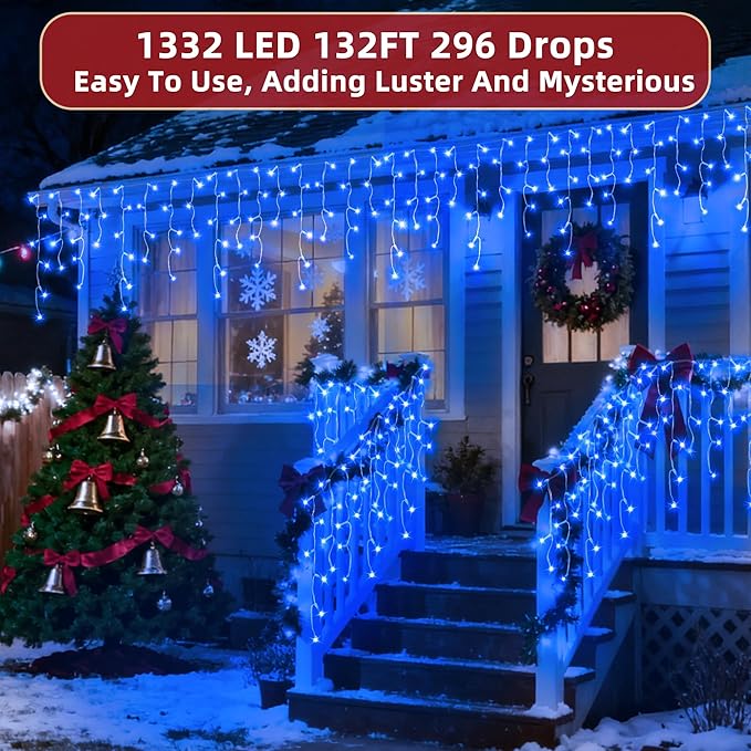 1332 LED 132ft Christmas Lights with 296 Drops, 12 Lighting Modes Blue Christmas Decoration Twinkling Lights Dimmable, Timer Outdoor Waterproof Fairy Lights for Indoor Xmas Garden House Eaves Roof