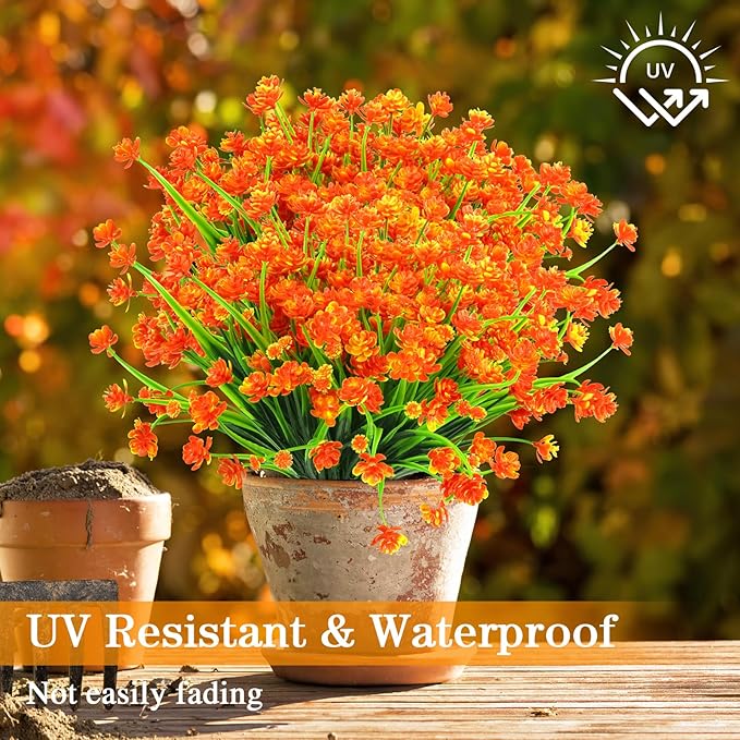 AGIRL 24 Bundles Artificial Fall Flowers Outdoor Indoor Decoration,Fake Plastic Flowers,Faux Mums Plant for Thanksgiving Fall Decor,for Hanging Outside Garden Front Door Porch Patio Window Box