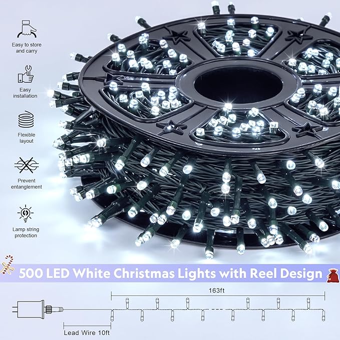 JMEXSUSS 500 LED White Christmas Lights Outdoor, 173ft 8 Modes Led Christmas Lights, Waterproof White String Light for Tree House Wedding Party Xmas Decorations