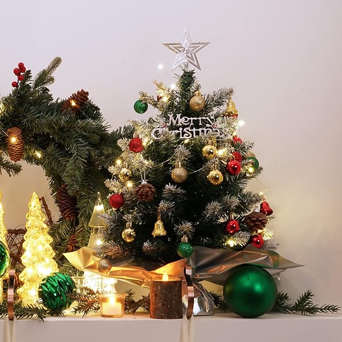 XmasExp 20in Mini Christmas Tree Artificial Small Christmas Tree with LED Light, Star Treetop,Ornaments Balls,Bells and Pine Cones DIY Tabletop Xmas Decorations