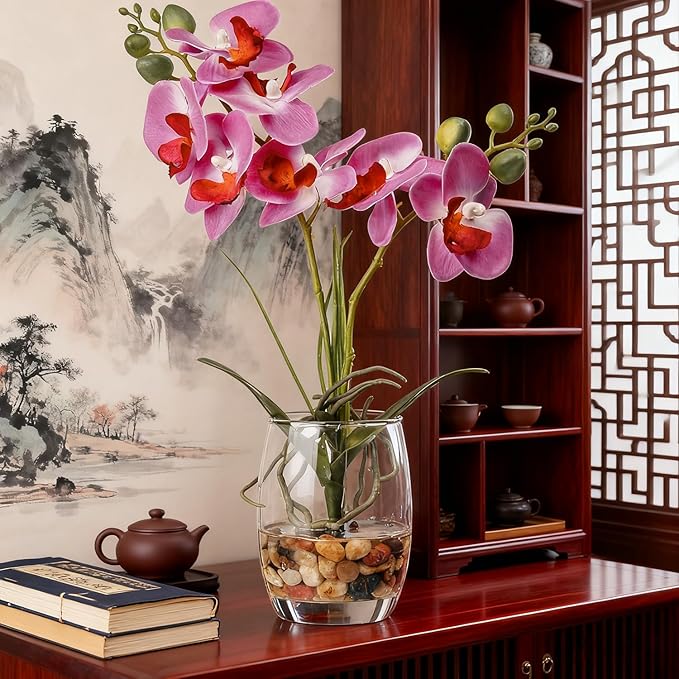 Jusdreen Artificial Purple Orchid in Glass Vase, Realistic Phalaenopsis Arrangement with Potting for Home Office Table Decor, 14.5 Inch Flower Centerpiece