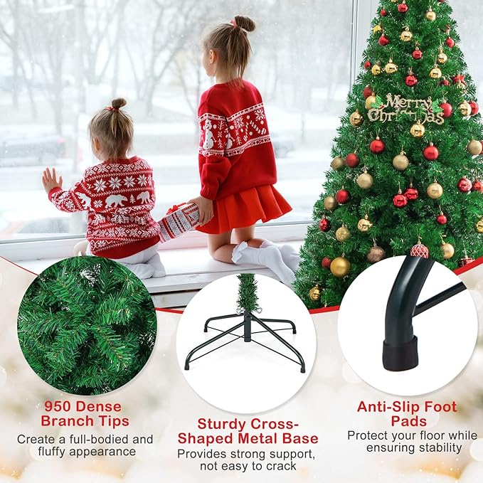 HAPPYGRILL 7 FT Unlit Artificial Christmas Tree, Luxuriant Verdant Realistic Xmas Tree with 950 PVC Branch Tips & Folding Metal Stand, Unlit Pine Tree for Festival Party