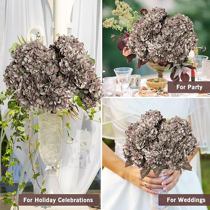 Artificial Flower Fake Silk Hydrangea Heads Bouquet with Stems Bulk for Fall Decoration Table Center Christmas Indoor Outdoor Faux Floral Realistic with Leaves Plants Crafts 8PCS(Brown)