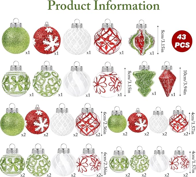 43 PCS Christmas Ball Ornaments Set, Clear Plastic Shatterproof White Red and Green Christmas Ornaments Hanging Balls Baubles Xmas Tree Decorations for Holiday Home Indoor Wedding Party Decor