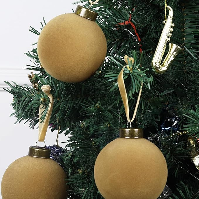 12 Pcs Velvet Christmas Balls Bulk Shatterproof Plastic Christmas Tree Decorations for Decorative Hanging Baubles (12, Khaki, 3.15Inch)