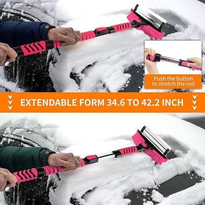 METOWARE 44'' Snow Brush and Ice Scrapers for Car Windshield, Extendable Snow Brush for Car with Ergonomic Foam Grip and 360° Pivoting Brush Head for Car SUV Truck Pink