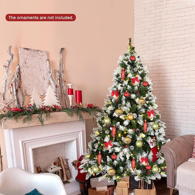 Happygrill 6ft Pre-lit Snowy Christmas Tree Pre-Strung Xmas Decoration Tree with 250 Warm White LED Lights & 818 PVC Tips, 8 Lighting Modes, Hinged Artificial Tree for Residential Commercial Use