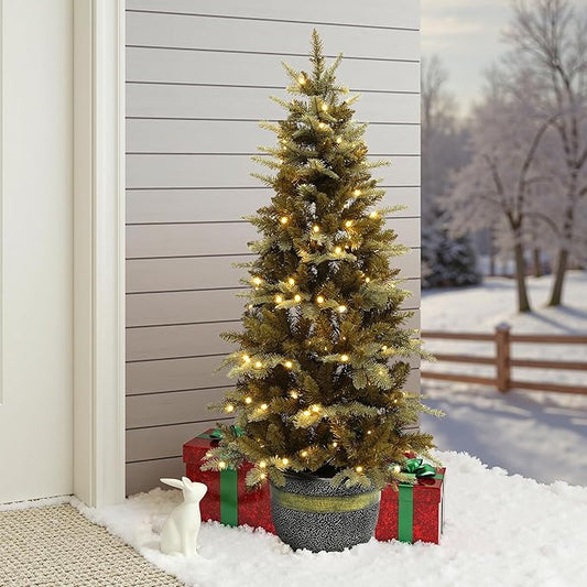 LuxenHome 4FT Potted Christmas Tree, Gold Glitter Slim Small Prelit Artificial Christmas Trees with 150 Warm White LED Lights, Faux Pine Tree with Modern MgO Pot for Indoor and Outdoor Holiday Decor
