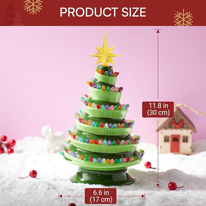 JOIEDOMI 12" Novelty Ceramic Christmas Tree, Lightup Tabletop Xmas Tree with 220 Spiral-Arranged LED Lights, Classic Retro Porcelain Tabletop Decor for Xmas Indoor Office Decorations