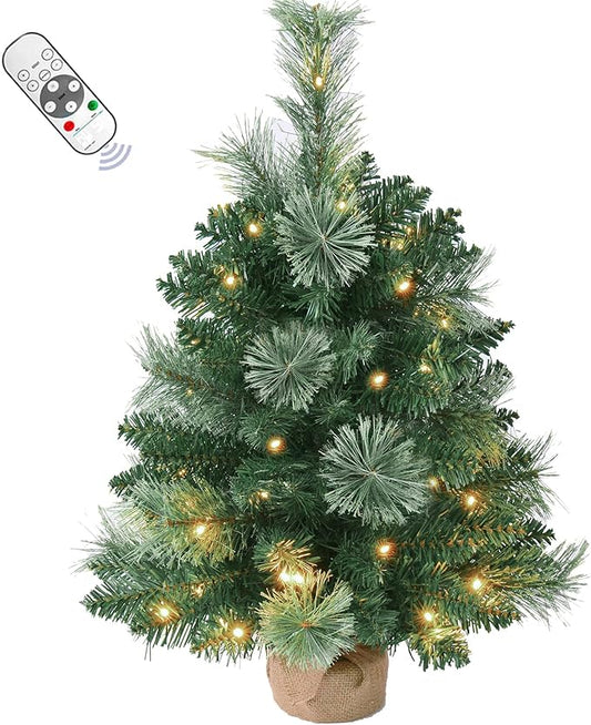 2FT Pre-lit Artificial Small Mini Christmas Tree with Warm White Multi-Color LED Lights, Remote Control and Timer, Perfect for Xmas Tabletop Decorations, Home, Kitchen, Dining Table top Green