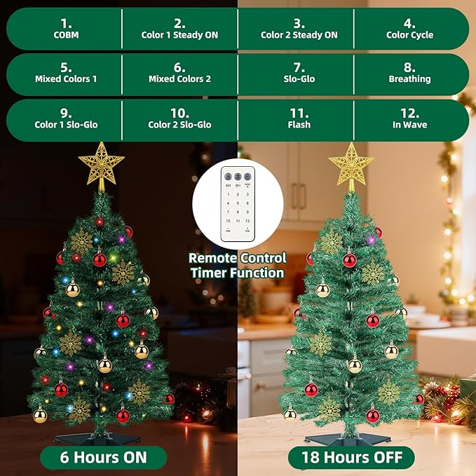 3 FT Artificial Christmas Tree with Lights - 12 Lighting Modes, Timer&Ornaments, Mini Fake Xmas Tree for Tabletop, Home, Office, Christmas Decoration Tree Decor