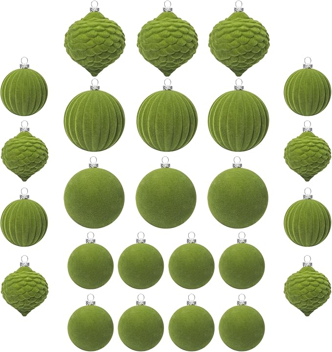 KI Store Moss Green Velvet Christmas Balls 25pcs Flocked Christmas Tree Ornaments for Xmas Holiday Hanging Decor