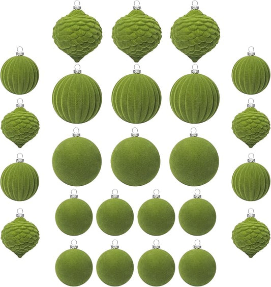 KI Store Moss Green Velvet Christmas Balls 25pcs Flocked Christmas Tree Ornaments for Xmas Holiday Hanging Decor