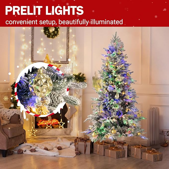 6ft Prelit Artificial Christmas Tree with 200 Multi-Color LED, 4 Color 8 Mode, Flocked Hinged Xmas Tree with 1000 Realistic Branches & Pinecones, Easy Assembly for Home Holiday Decoration
