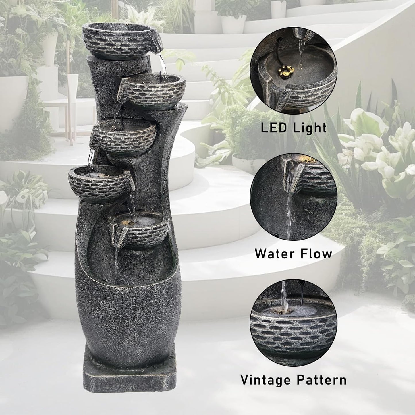 35.83''H Indoor Outdoor Modern Water Fountain 6-Tiers Garden Cascading Fountains Curve Shape Floor Standing Waterfall Water Feature with LED Light for Yard Deck Patio Home Art Decor