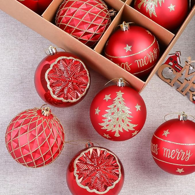 SHareconn 100MM/4 Inch 9PCS Large Christmas Balls Ornaments, Shatterproof Plastic Hanging Big Baubles Set for Xmas Tree Decoration Holiday Party Wedding Decorations with Hook,Red and Gold