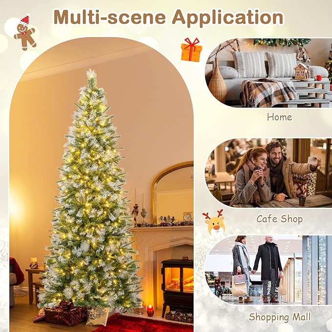 GOFLAME 7.5 FT Pre-Lit Pencil Christmas Tree Snow Flocked, Slim Artificial Xmas Tree with 820 Branch Tips, 350 Warm White LED Lights, Holiday Decoration Tree for Home Party Office