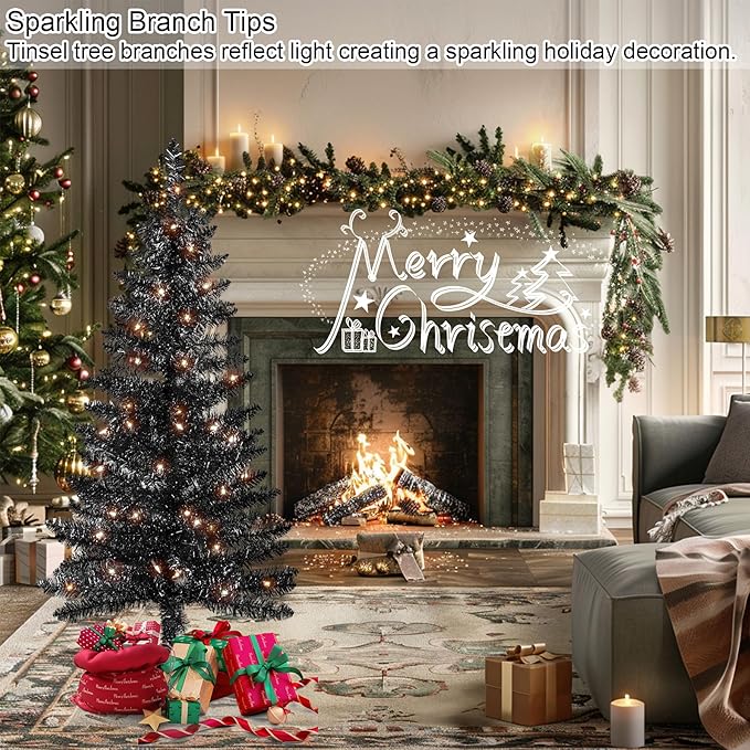 4ft Artificial Full Black Christmas Tree with Separate Lights, Not Pre-lit Mini Black Tinsel Pine Christmas Tree, 50 Lights, Small Xmas Tree for Home, Office, Party Decoration, Indoor