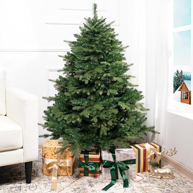 Naomi Home 4.5ft Rustic Christmas Tree with Lights, Realistic Classic Christmas Tree Prelit with 1117 Branch Tips, 300 Warm Lights and Metal Stand, Aritificial Xmas Tree