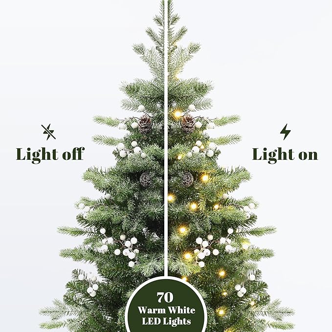 LuxenHome 4FT Potted Flocked Christmas Tree, Small Christmas Tree Prelit with 70 Warm White LED Lights, Berries and Pine Cones, Lighted Pencil Artificial Christmas Trees with Planter Indoor & Outdoor