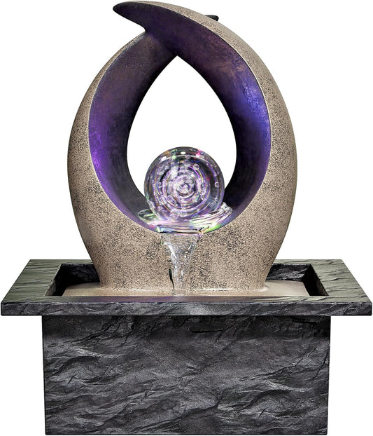 Tabletop Water Fountain, Indoor Desk Waterfall, Meditation Fountain with LED Lights Rolling Ball & Curved Form, Home Office Decor